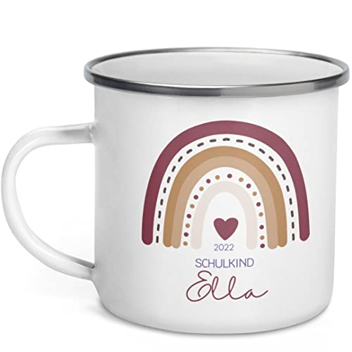 Personalisierte Tasse Schulkind 2024 Einschulung Mädchen Geschenk zum Schulbeginn 1. Klasse Geschenkidee mit Namen Kinderbecher Emaille (Weinrot) von Little Mathilda