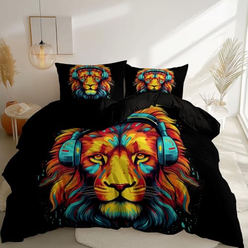 Schwarz Bedruckte Bettwäsche, Einfach Tiere LöWe Bedruckte Allergiker Bettbezüge aus Microfaser mit Reißverschluss - 155 x 220 cm für Kinder Jungen Teenager Bettbezug-Set von Generisch
