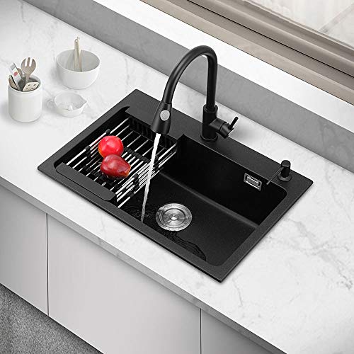 Schwarze Quarz-Küchenspüle, 600 mm, mit Wasserhahn, Einzelschüssel, Spülspüle, inklusive Abtropfgestell, Seifenspender und Ablaufkorb, perfekt für moderne Küchen von Generisch