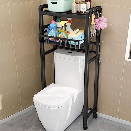 Schwarzer Badezimmer-Nizer, über WC-Regal, Aufbewahrungsschrank, 2-lagiger Karbonstahl-Einheit mit ausziehbarem Netzkorb, verstellbare rutschfeste Füße, einziehbares eigenständiges Design von Generisch