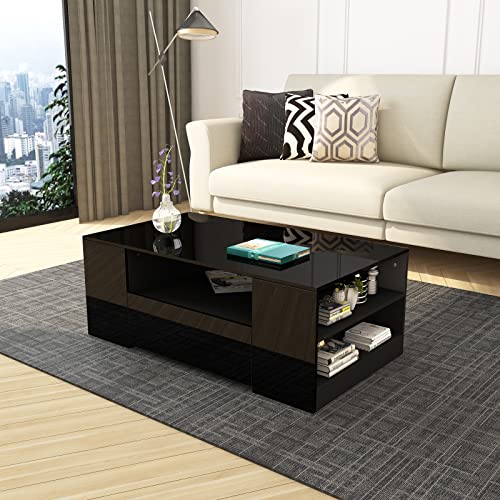 Schwarzer Couchtisch mit Stauraum, moderner Mitteltisch aus Holz mit Hochglanz-Design, 2 Schubladen und offenes Regal, ideal für Wohn- oder Schlafzimmer-Dekor Schwarzer Couchtisch mit Stauraum, moderner Mitteltisch aus Holz mit Hochglanz-Design, 2 Schubladen und offenes Regal, ideal für Wohn- oder Schlafzimmer-Dekor von Generisch