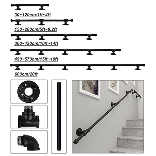 Schwarzer Handlauf für Treppen – komplettes Set, schmiedeeisernes Treppengeländer für den Innenbereich, Wasserrohr-Design, 30–600 cm, Treppengeländer, Handläufe für behinderte älte von Generisch