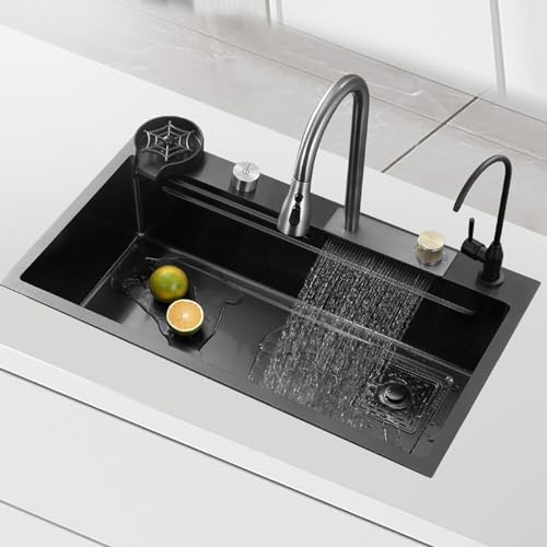 Schwarzer Wasserfall-Wasserhahn aus 304 Edelstahl für Einzelbecken, komplettes Küchenspüle-Set mit Zubehör (72 x 45 cm), stilvolles und langlebiges Design für den Familiengebrauch von Generisch