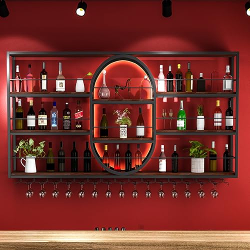 Schwebende Regale mit LED-Beleuchtung, Metall Wandmontiertes Weinregal mit Glashalter, moderner industrieller Display-Ständer für Hausbar von Generisch