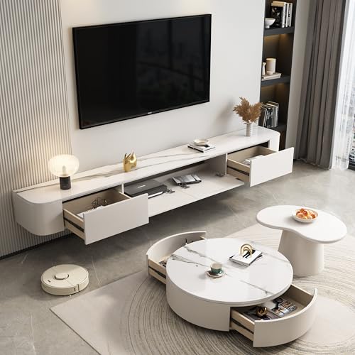 Schwebende TV-Konsole – Multimedia-Wohnwand – große TV-Bank mit Schubladen & Router-Halterung – modernes Lowboard in weißer Steinoptik (240 x 20 x 24 cm) von Generisch