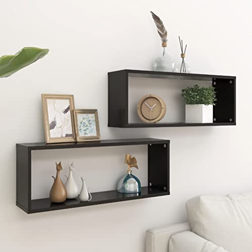 Schwebende Würfelregale 2er Set Schwarz Quadratisch Wandregal mit Holz Wandhalterung Verschiedene Größen Moderne Würfel Lagerregale für Wohnkultur 60 x 15 x 23 cm von Generisch