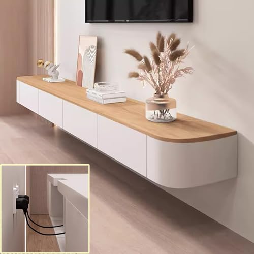 Schwebender TV-Medienkonsolenschrank – Aufbewahrungsbank zur Wandmontage mit Schubladen und Router-Halterung – modernes Lowboard-Design in Weiß und Braun (200 x 20 x 24 cm) von Generisch