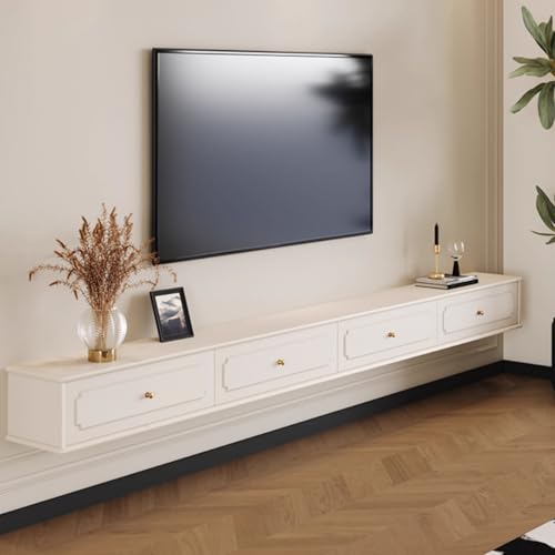 Schwebender TV-Schrank – Multimedia-Konsole zur Wandmontage für Wohnzimmer – elegante weiße Kautschukholz-Einheit (200 cm) – modernes Design, platzsparende Aufbewahrung von Generisch
