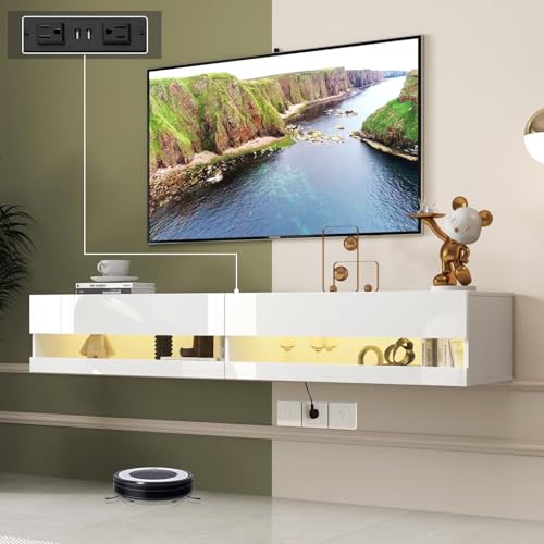 Schwebender TV-Ständer Wandhalterung mit Steckdose, modernes Unterhaltungszentrum mit LED-Leuchten für Wohnräume Schwebender TV-Ständer Wandhalterung mit Steckdose, modernes Unterhaltungszentrum mit LED-Leuchten für Wohnräume von Generisch