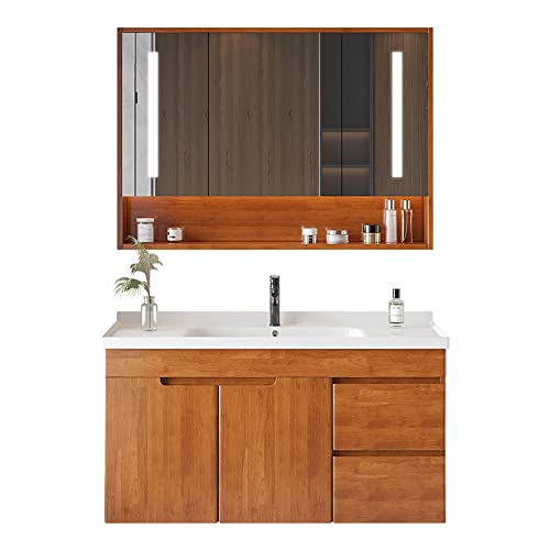 Schwebendes Badezimmer-Waschtisch-Set mit hochauflösendem Spiegel, massive Eiche, Kombo-Schubladen/Regal für Toilette im nordischen Stil, Wandmontage (72 x 47 x 48 cm) von Generisch