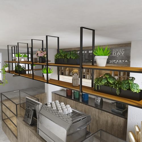 Schwebendes Deckenregal aus Metall und Holz für Zuhause, Küche, Bar, Café, Hängeschrank mit Lagerregal und Trennwänden (90 x 30 x 80 cm) von Generisch