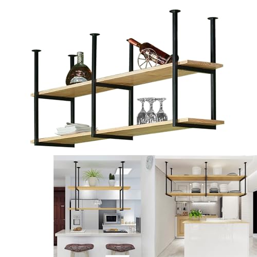 Schweberegal zur Deckenmontage, 2-stöckiges Wand-Weinregal und Glashalter, stilvoller Küchentopf und Pfanne, platzsparendes Display (130 x 30 x 80 cm) von Generisch