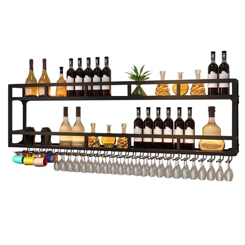 Schwimmende Barregale mit LED-Licht für Likörflaschen-Display und Weinglas-Aufbewahrung, Wandmontage, Küchenregal für Zuhause, Bar, Café, Restaurant (schwarz) von Generisch