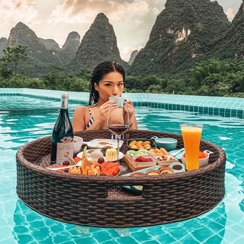 Schwimmendes Pool-Tablett – Schwimmende Bar im Rattan-Design für Speisen und Getränke, perfekt für Frühstück und Snacks am Pool von Generisch
