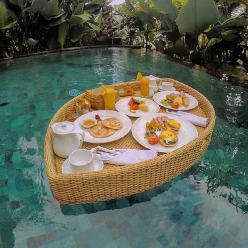 Schwimmendes Tablett - Luxus Holz Rattan Frühstückstablett für Schwimmbäder und Hotels - Retro Design Schwimmende Platte für einfaches Essen von Generisch