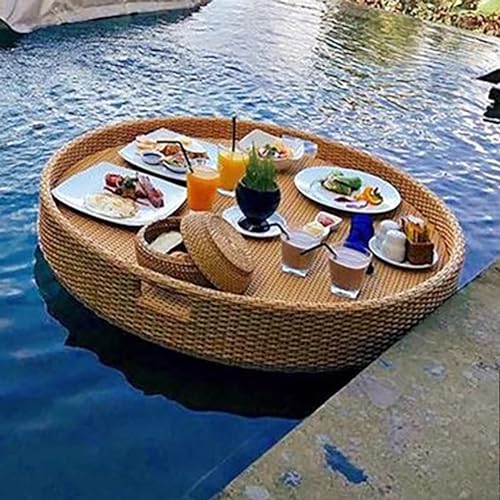 Schwimmendes Tablett aus Rattan, gewebtes schwimmendes Tablett, Schwimmbadtisch, extra großes Deluxe-Serviertablett, schwimmendes Frühstückstablett für Pool (Farbe: rund, gelb, 80 cm) von Generisch