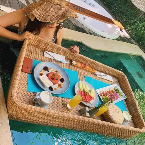 Schwimmendes Tablett für Schwimmbad, Deluxe, schwimmendes Tablett für Pool, Schwimmbadtisch, Rattan-gewebt, schwimmendes Serviertablett für Getränke, Snacks und wichtige Dinge (Farbe: Rechteck-Gelb) von Generisch