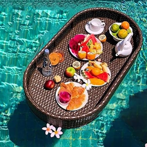 Schwimmendes Tablett für Schwimmbad, Rattan, gewebtes schwimmendes Tablett, Frühstücks-Serviertablett auf Wasser, Getränken und Snacks, schwimmendes Pool-Tablett für Schwimmbad, Villa, Party, Braun von Generisch
