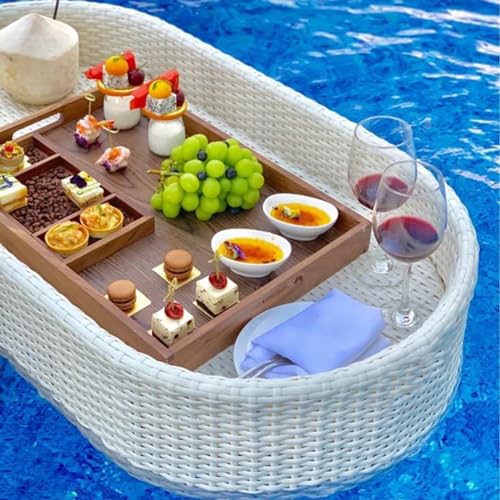 Schwimmendes Tablett für Schwimmbad, Rattan, gewebtes schwimmendes Tablett, Frühstücks-Serviertablett auf Wasser, Getränken und Snacks, schwimmendes Pool-Tablett für Schwimmbad, Villa, Party, Weiß von Generisch