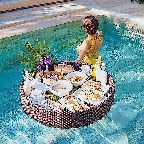 Schwimmendes Tablett für Schwimmbad, Serviertablett, Tisch, Bar, 60 cm/80 cm, luxuriöses schwimmendes Tablett für Pool – schwimmendes Pool-Tablett, Rattan-gewebtes Serviertablett, schwimmendes Tablett von Generisch