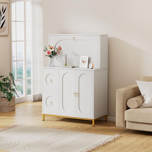 Sekretär Schreibtisch, Office-Schrank mit 2Tür und 2 Schubkästen und 1 Einer Klappe, Verstellbare Trennwände, 100x51x150cm, MDF, Weiß von Generisch