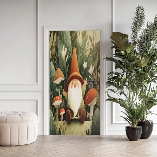 Selbstklebend Türtapete Dschungel Zwerg Pilz 90x210 cm - Wald Gartenzwerg 3D Türaufkleber Abnehmbar Wasserdicht Vinyl Türfolie Fototapete Türposter für Wohnzimmer Schlafzimmer von Generisch