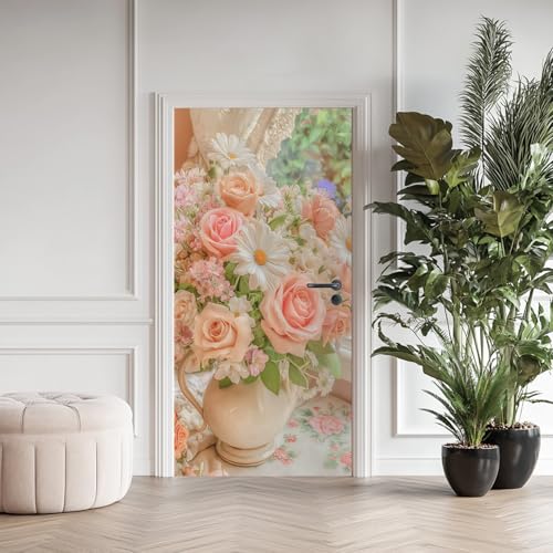 Selbstklebend Türtapete Rose Vase 90x210 cm - Rosa Rose Gänseblümchen 3D Türaufkleber Abnehmbar Wasserdicht Vinyl Türfolie Fototapete Türposter für Wohnzimmer Schlafzimmer von Generisch