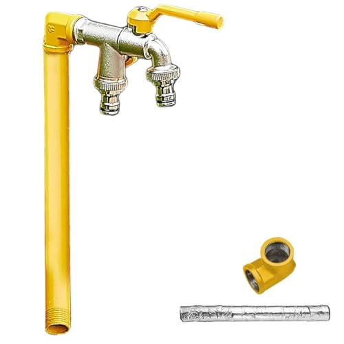 Selbststehende Garten-Wassersäule 304 Edelstahl, Frostschutz-Wasserhahn, Doppelauslass für Bewässerung und Bewässerung, Gartenbrunnen (Gelb, 80 cm) von Generisch