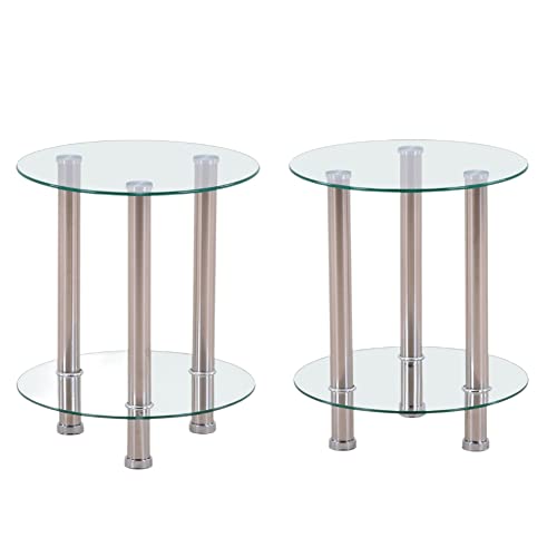 Set mit 2 runden Beistelltischen – Beistelltische aus gehärtetem Glas mit 2-stöckigem Stauraum und Chromrahmen für Wohnzimmer, Balkon oder moderne Dekoration von Generisch