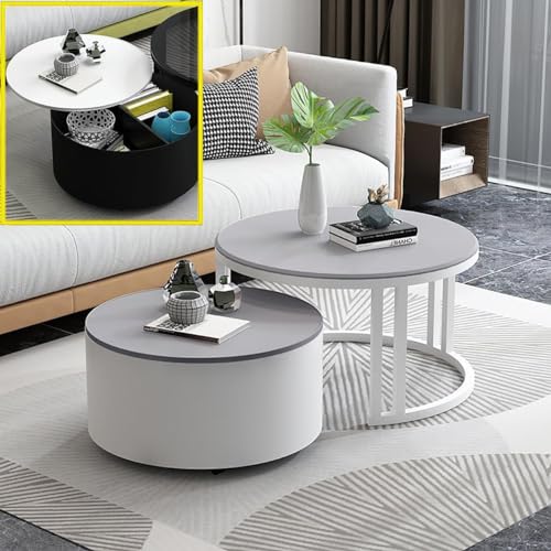 Set mit 2 stapelbaren modernen Couchtischen, runde Glasplatte mit Stauraum, vielseitige Beistelltische für kleine Räume, stilvolle weiße Beine, Composable Design für einfache Anordnung von Generisch