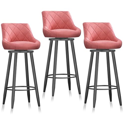 Set mit 3 Barhockern aus Samt mit Rückenlehne, Thekenhöhe, Stühle für Küche, Pub, Rosa, 65 cm Höhe, schwarze Beine von Generisch
