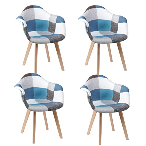 Set mit 4 Patchwork-Esszimmerstühlen, Leinen, gepolstert, perfekt für Esszimmer, Wohnzimmer, Café – stilvolle blaue Akzentmöbel von Generisch