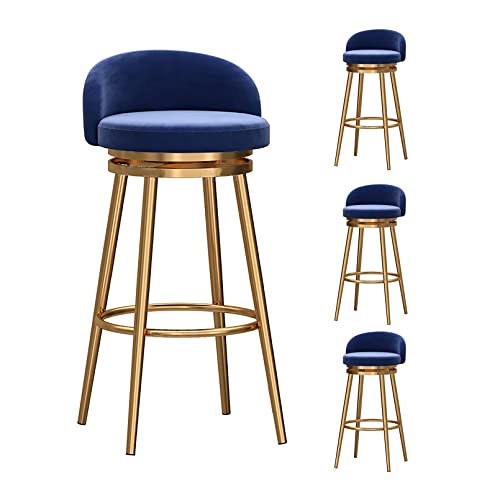 Set mit 4 gepolsterten Barhockern aus Samt mit Drehgelenk und Rückenlehne, blauer Samtsitz, goldfarbene Metallbeine, 65 cm Thekenhöhe Set mit 4 gepolsterten Barhockern aus Samt mit Drehgelenk und Rückenlehne, blauer Samtsitz, goldfarbene Metallbeine, 65 cm Thekenhöhe von Generisch