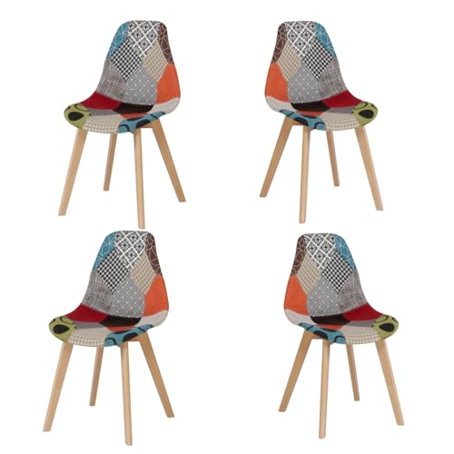 Set mit 4 skandinavischen gepolsterten Esszimmerstühlen, Patchwork-Stühle für Küche/Büro, Beine aus massiver Eiche, moderne Möbel für Heimdekoration von Generisch