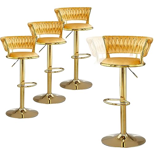 Set mit 4 verstellbaren Barhockern aus Samt mit Rückenlehne, gewebtes Design und goldfarbenem Metallsockel, ideal für Küche, Pub oder Bar Set mit 4 verstellbaren Barhockern aus Samt mit Rückenlehne, gewebtes Design und goldfarbenem Metallsockel, ideal für Küche, Pub oder Bar von Generisch