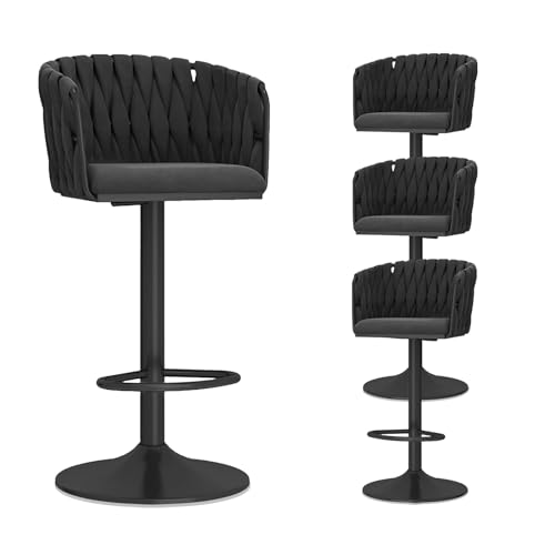 Set mit 4 verstellbaren Barhockern aus Samt mit gewebter Rückenlehne, moderne Drehstühle mit Thekenhöhe, stabile Metallbasis für Küche, Zuhause, Bar, Esszimmer, Schwarz von Generisch