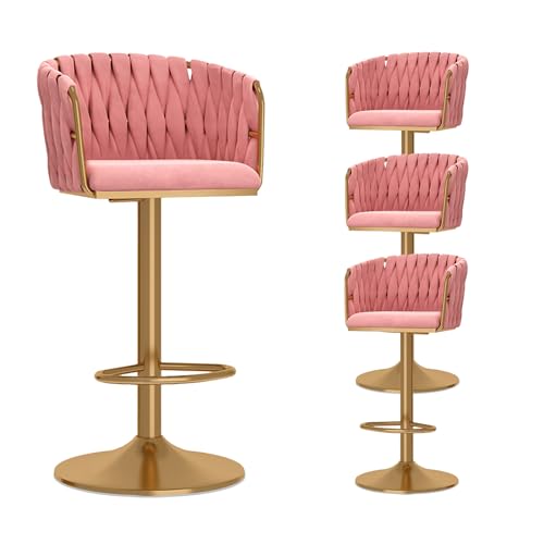 Set mit 4 verstellbaren Barhockern aus rosa Samt mit gewebter Rückenlehne, moderne Drehstühle mit Thekenhöhe, Metallsockel für Küche, Zuhause, Bar, Esszimmer von Generisch