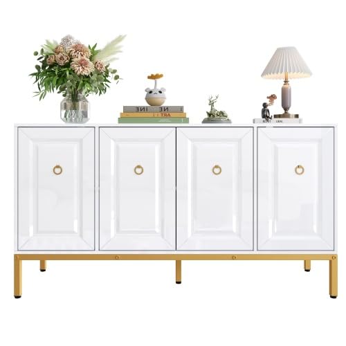 Sideboard, Hochglanz-Aufbewahrungsmöbel mit goldenen Griffen und Beinen, mit Regalen. Geeignet für Wohn- oder Esszimmer, 140 x 80 x 40 cm Sideboard, Hochglanz-Aufbewahrungsmöbel mit goldenen Griffen und Beinen, mit Regalen. Geeignet für Wohn- oder Esszimmer, 140 x 80 x 40 cm von Generisch