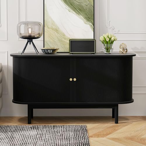 Sideboard,Beistellschrank mit Schiebetüren,Mehrzweckschrank mit Stauraum.Standschrank mit Kiefernholzbeinen.Verstellbaren Einlegeböden,für Wohnzimmer, Küche, Schlafzimmer.138x43x75cm,Schwarz von Generisch