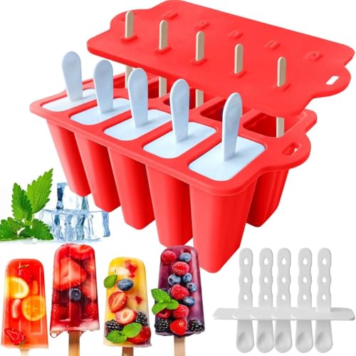 Silikon-Eiscreme-Formen, wiederverwendbar, DIY Eis am Stiel mit 10 Stieleisstäbchen und 1 Deckel, hausgemachte Werkzeuge, Eiscremeherstellung (10 Glieder, rot) von Generisch