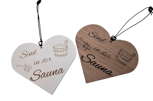 Sind in der Sauna Herz Schild Shabby Chic Deko weiß oder Eiche Geschenk Deko Holz HDF ca 13 x 11,5 cm Wanddeko Hängeschild mit Kordel (Weiß) von Generisch