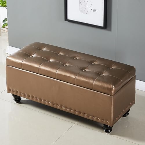Sitzbank aus Kunstleder, mit Stauraum, getufteter Ottomane mit Nagelkopfverzierung für Schlafzimmer, Wohnzimmer und Eingangsbereich, stilvolle rechteckige Fußstütze, Sofa, Champagnerfarben (40 x 40 x von Generisch