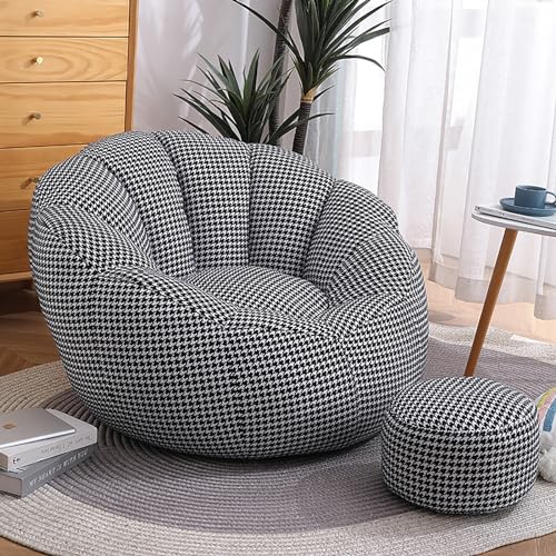 Sitzsack-Stuhlbezug-Set mit Fußhocker und Kissen, leere Füllung, Aufbewahrungssofa für Erwachsene und Kinder, stilvolles schwarz-weißes Gitter-Design für Komfort und Entspannung von Generisch