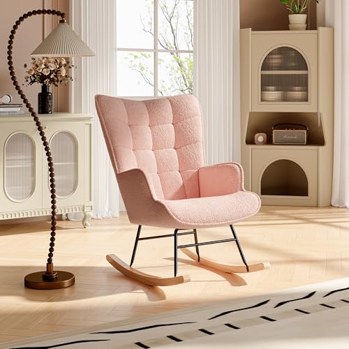 Sitzsessel, Moderner Balkonsessel mit Holzkufen, Seselstuhl, Schaukelstuhl Lesestuhl für Wohnzimmer, Schlafzimmer, Leseraum & Balkon-Belastbarkeit, Bis 150 kg Belastbar, Rosa, Teddy Velvet von Generisch
