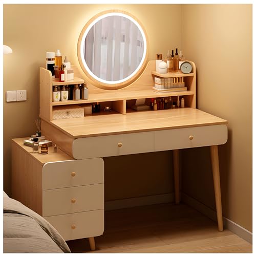 Skandinavischer ausziehbarer Schminktisch mit LED-Spiegel, 6 Schubladen, Schminktisch und offene Regale, stilvoller Schlafzimmer-Schminktisch für Damen und Mädchen (natürliches Finish, Größe: 80-95 x Skandinavischer ausziehbarer Schminktisch mit LED-Spiegel, 6 Schubladen, Schminktisch und offene Regale, stilvoller Schlafzimmer-Schminktisch für Damen und Mädchen (natürliches Finish, Größe: 80-95 x von Generisch