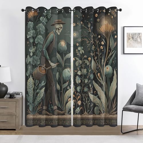 Skelett Kunst Vorhänge, Gotische Blumen Ösenvorhänge, Fantasie Halloween Gardinen, Blickdicht, Verdunkelnd, Wärmeisolierend, 2er-Set, für Schlafzimmer & Wohnzimmer, 117 x 180 cm (B x H) von Generisch
