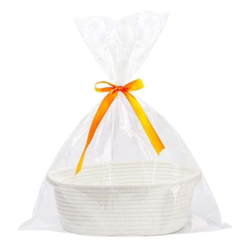 Small Basket With Bag And Ribbons 12"x 8" X 5" Cute Small Woven Basket Rope Shelf Toys Storage Basket With Handle Decorative Empty Basket Unterbett-Aufbewahrungsbehälter Mit Deckel Aus (White, A) von Generisch