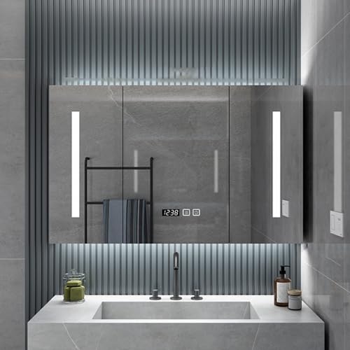 Smart Anti-Beschlag-Badezimmer-Spiegelschrank mit LED-Lichtern, Zeitanzeige und Aufbewahrung, Holz Wandmontage für moderne Badezimmer von Generisch