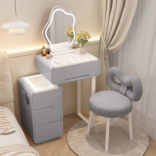 Smart Makeup Schminkset mit LED-Spiegel, ausziehbarem Tisch und Massivholzhocker, reichlich Stauraum, stilvolles graues Design, 60 cm Beauty-Station für Zuhause von Generisch
