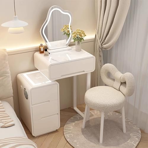 Smart Makeup Schminktisch-Set, ausziehbarer Tisch mit super Stauraum, LED-beleuchtetem Spiegel und gepolstertem Hocker aus Massivholz (weiß, 50 cm), perfekt für Beauty-Enthusiasten von Generisch